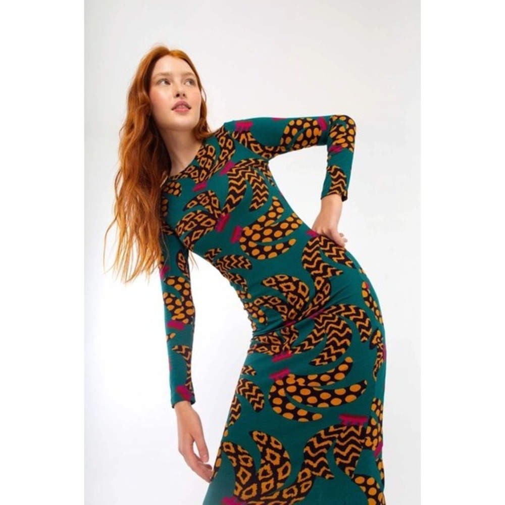Farm Rio Teal Ethnic Banana Midi Dress Long Sleeve Leopard Print NWT Size Small